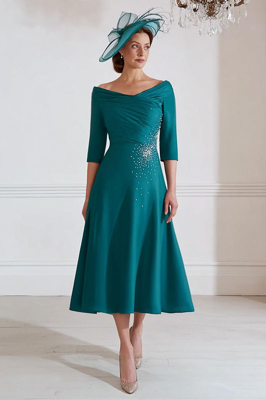 Sparkly Peacock Green A Line Midi Mother of the Bride Dress with Beading