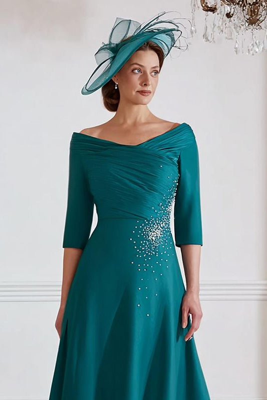 Sparkly Peacock Green A Line Midi Mother of the Bride Dress with Beading