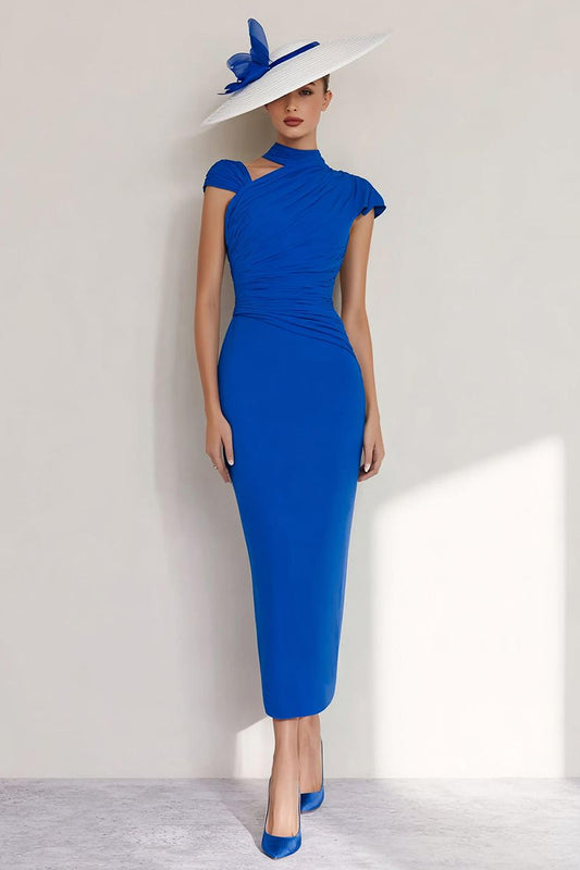 Royal Blue High Neck Sheath Long Mother of the Bride Dress