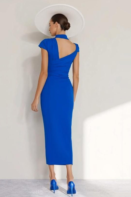 Royal Blue High Neck Sheath Long Mother of the Bride Dress