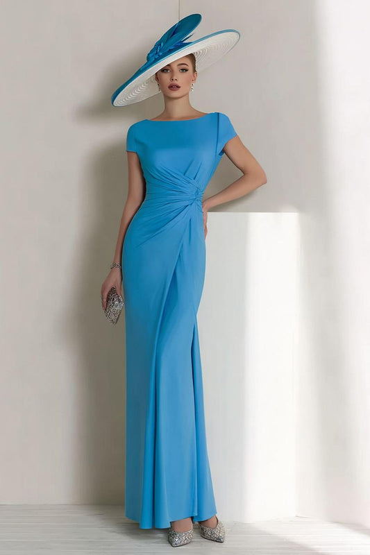 Blue Boat Neck Ruched Long Mother of the Bride Dress with Sleeves