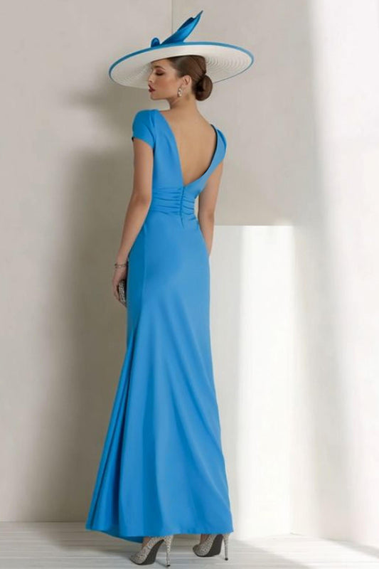 Blue Boat Neck Ruched Long Mother of the Bride Dress with Sleeves