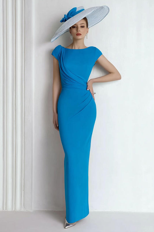 Blue Boat Neck Long Mother of the Bride Dress with Sleeves