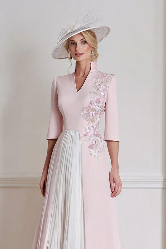 Candy Pink A Line Floral Midi Mother of the Bride Dress with Sleeves
