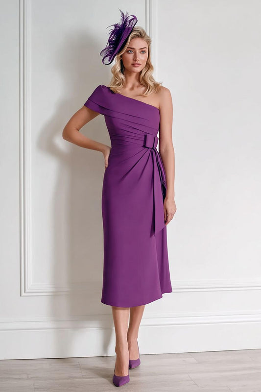 Grape One Shoulder Chiffon Midi Mother of the Bride Dress with Bow