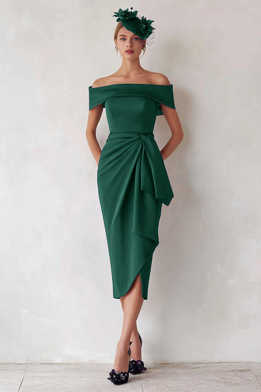 Dark Green Satin Off the Shoulder Midi Mother of the Bride Dress