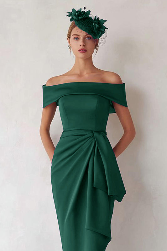 Dark Green Satin Off the Shoulder Midi Mother of the Bride Dress