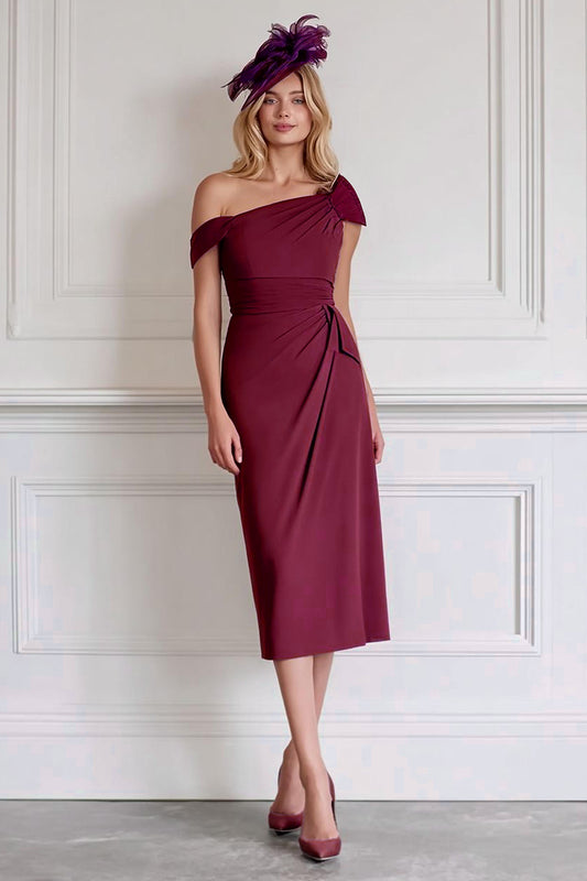 Burgundy Pencil One Shoulder Midi Mother of the Bride Dress