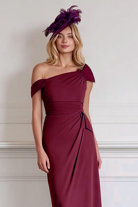 Burgundy Pencil One Shoulder Midi Mother of the Bride Dress