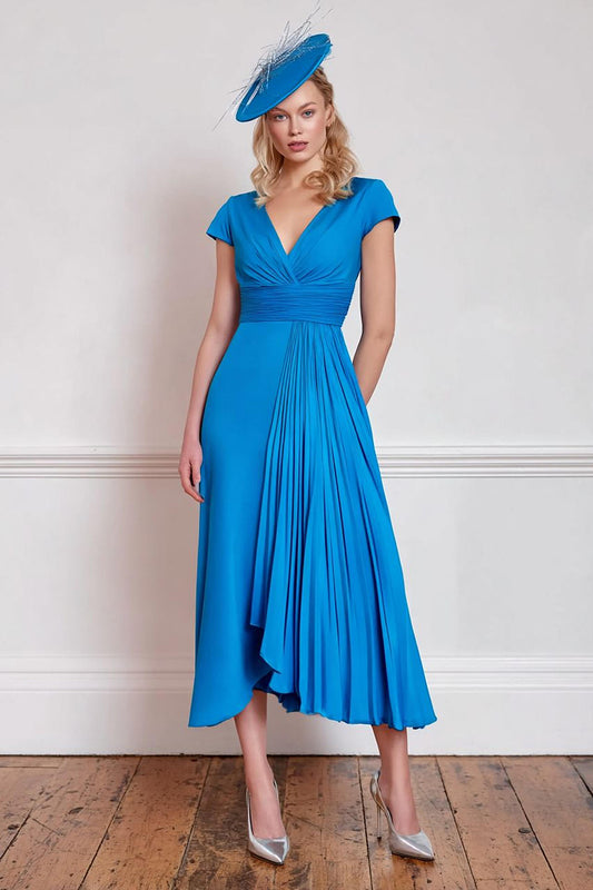 Blue V-Neck Pleated Midi Mother of the Bride Dress with Sleeves