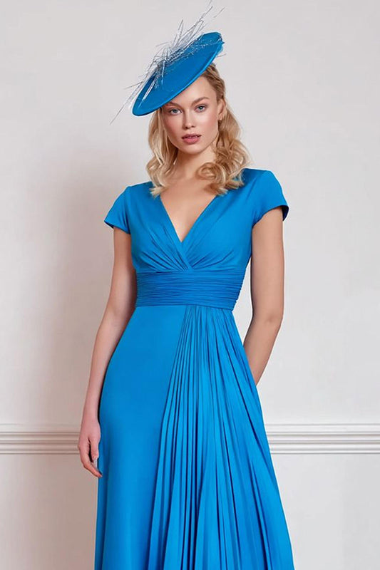 Blue V-Neck Pleated Midi Mother of the Bride Dress with Sleeves