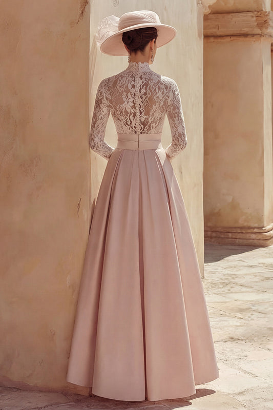 Candy Pink High Neck Long Mother of the Bride Dress with Lace