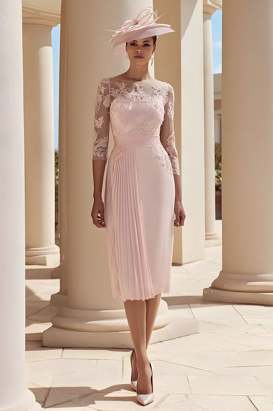 Blush Pink Illusion Boat Neck Pleated Midi Mother of the Bride Dress with Sleeves