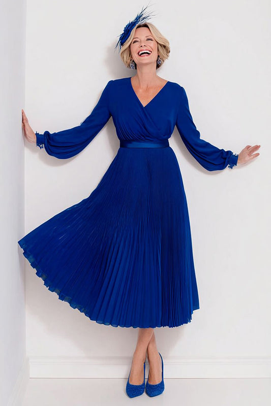 Dark Blue V-Neck Pleated Long Mother of the Bride Dress with Sleeves