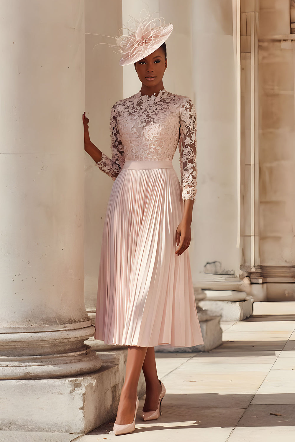 Zapaka Women Blush Pink Pleated Midi Mother of the Bride Dress with Lace A Line Chiffon Wedding Guest Dress with Sleeves, Blush Pink / US4
