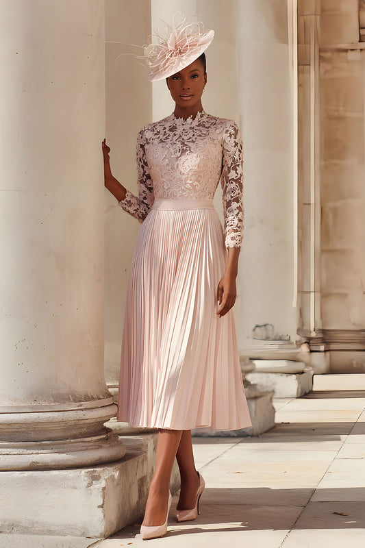 Blush Pink A Line Pleated Midi Mother of the Bride Dress with Lace