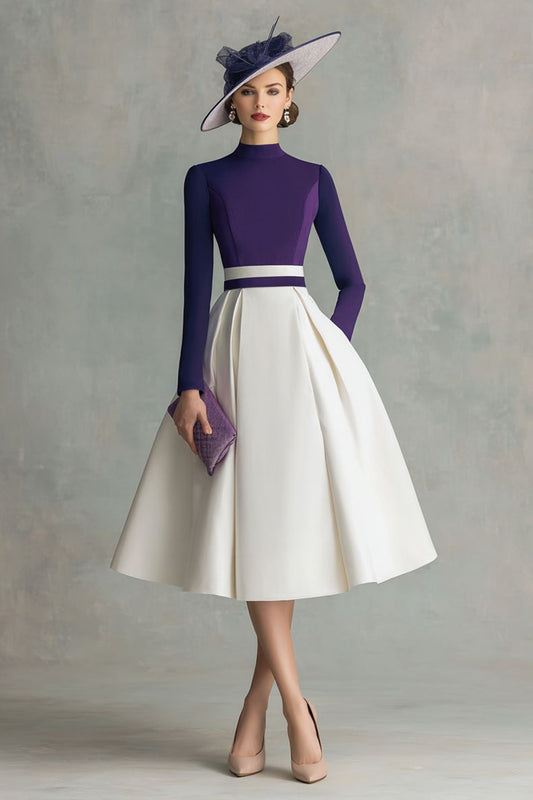Plum High Neck Satin Midi Mother of the Bride Dress with Sleeves