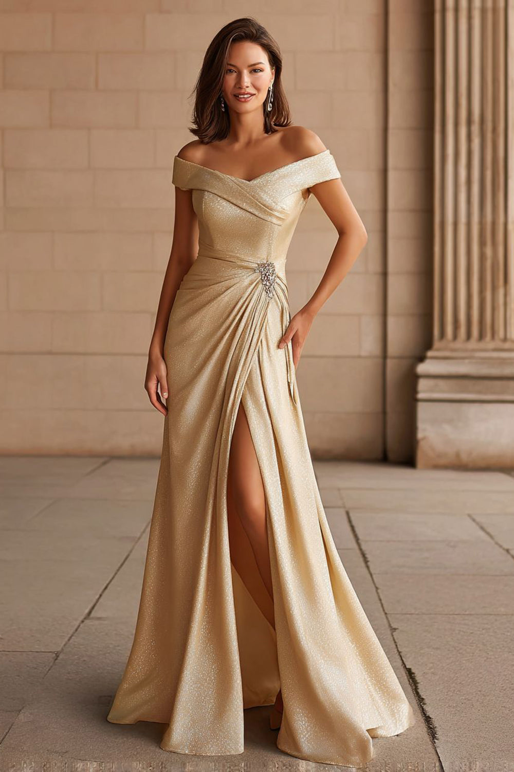 Zapakasa Women Champagne Glitter Long Mother of the Bride Dress with Slit Off the Shoulder Metallic Ruched Prom Dress