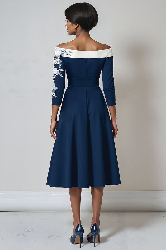 Navy Floral A Line Midi Mother of the Bride Dress with Sleeves