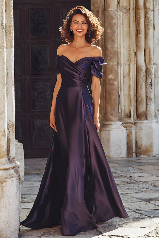 Plum Sheath Off the Shoulder Long Mother of the Bride Dress