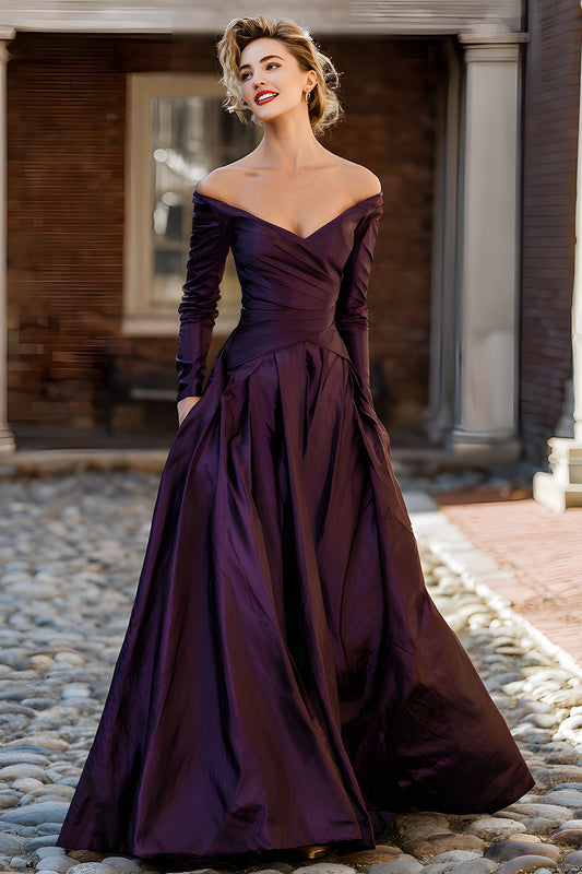 Plum Long Mother of the Bride Dress with Sleeves Off the Shoulder A Line Wedding Guest Dress with Pockets