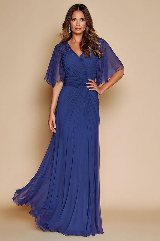 Dark Blue V-Neck Long Mother of the Bride Dress with Sleeves