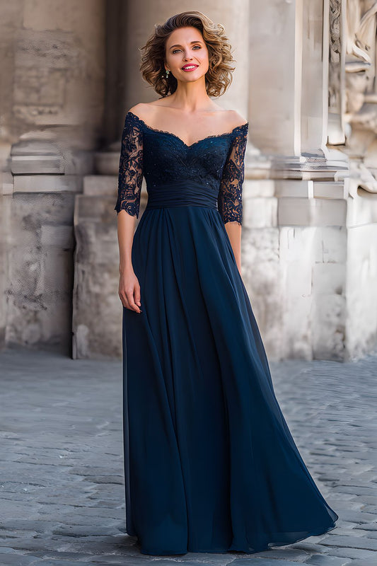 Navy Off the Shoulder Long Mother of the Bride Dress with Lace