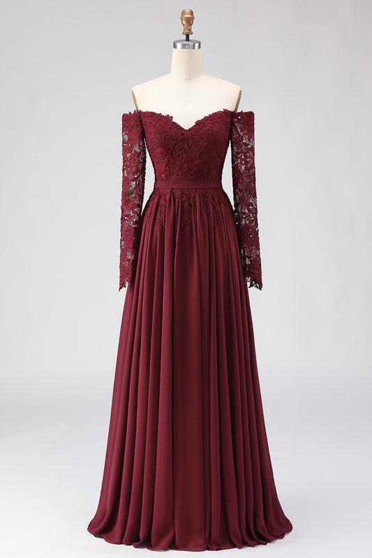 Cabernet Chiffon Lace A Line Long Mother of the Bride Dress with Sleeves