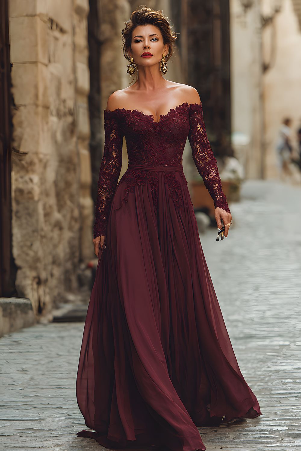 Zapakasa Women Cabernet Chiffon Long Sleeves Mother of the Bride Dress with Lace A Line Off the Shoulder Wedding Guest Dress Zapakasa Women Cabernet Chiffon Long Sleeves Mother of the Bride Dress with Lace A Line Off the Shoulder Wedding Guest Dress