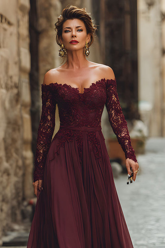Cabernet A Line Chiffon Long Mother of the Bride Dress with Lace