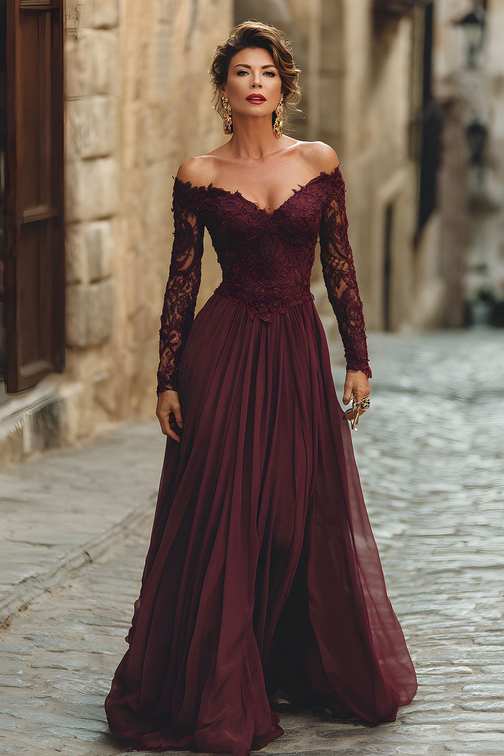 Cabernet Chiffon A Line Long Mother of the Bride Dress with Lace Cabernet Chiffon A Line Long Mother of the Bride Dress with Lace