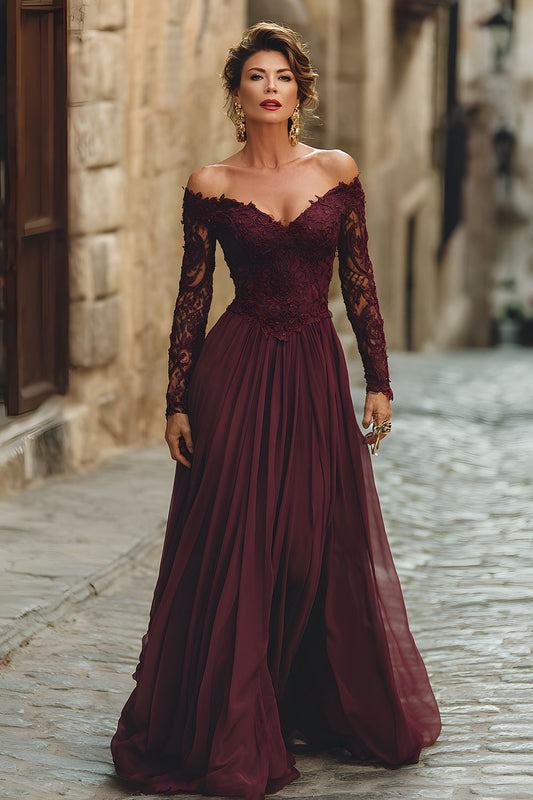 Cabernet A Line Long Chiffon Mother of the Bride Dress with Sleeves
