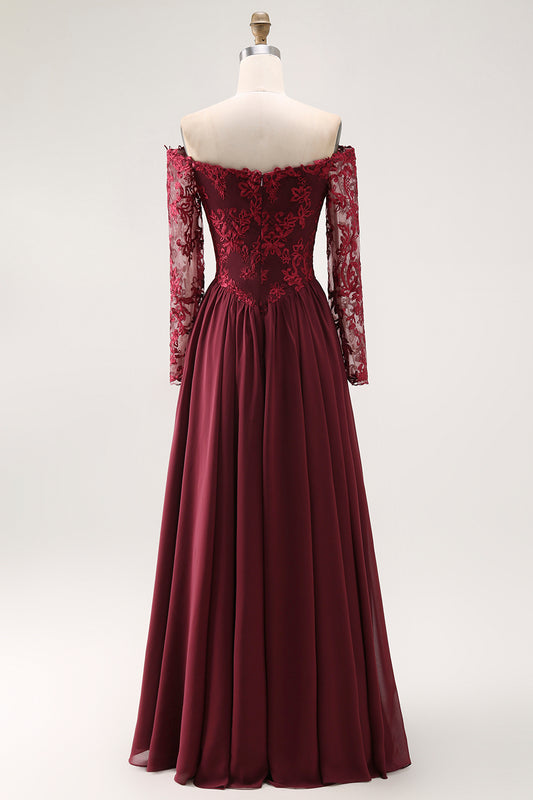 Cabernet Chiffon A Line Long Mother of the Bride Dress with Lace