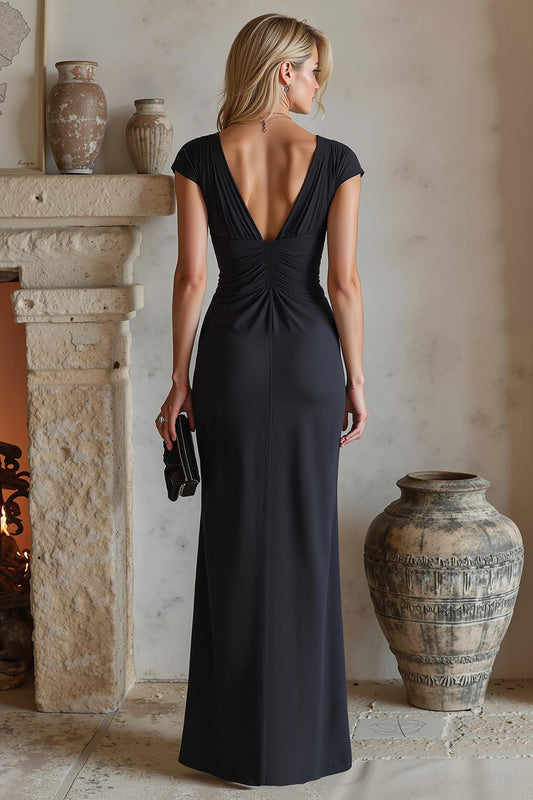 Black Cap Sleeves Ruched Long Mother of the Bride Dress with Slit