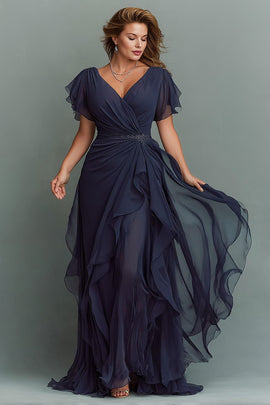 Navy Chiffon V-Neck Ruched Long Mother of the Bride Dress with Ruffles