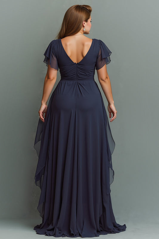 Navy Chiffon V-Neck Ruched Long with Ruffles