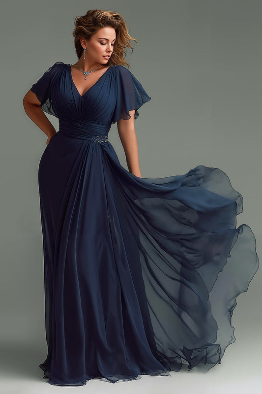 Navy Chiffon V-Neck Short Sleeves Long Mother of the Bride Dress