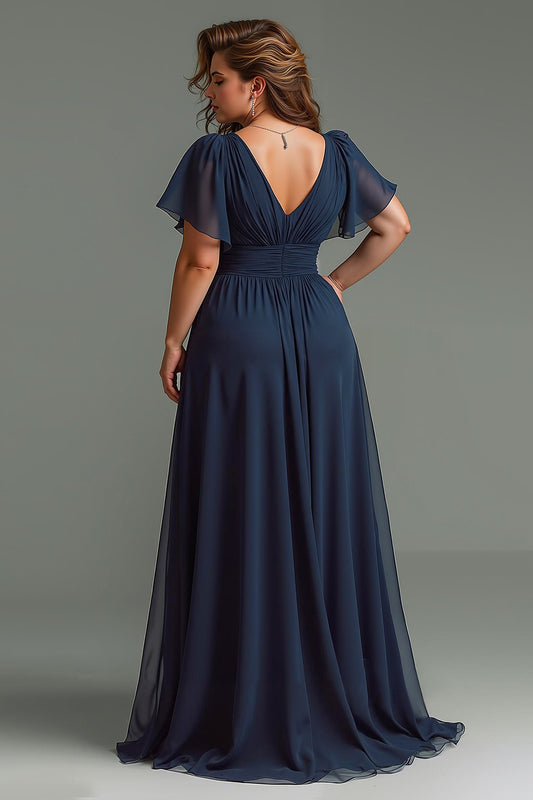 Navy Chiffon V-Neck Short Sleeves Long Mother of the Bride Dress