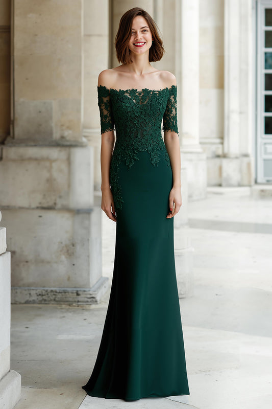 Pine Green Off the Shoulder Mermaid Long Mother of the Bride Dress with Appliques
