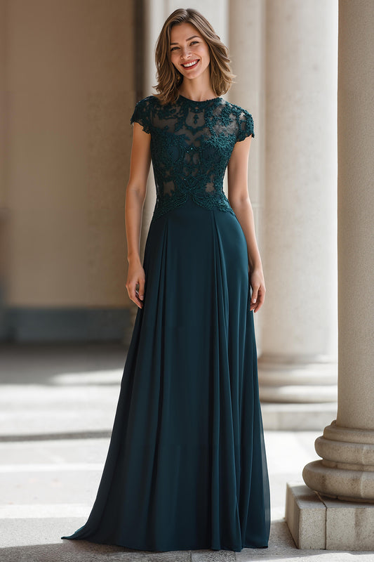 Peacock Green Round Neck Chiffon A-Line Long Mother of the Bride Dress with Appliques