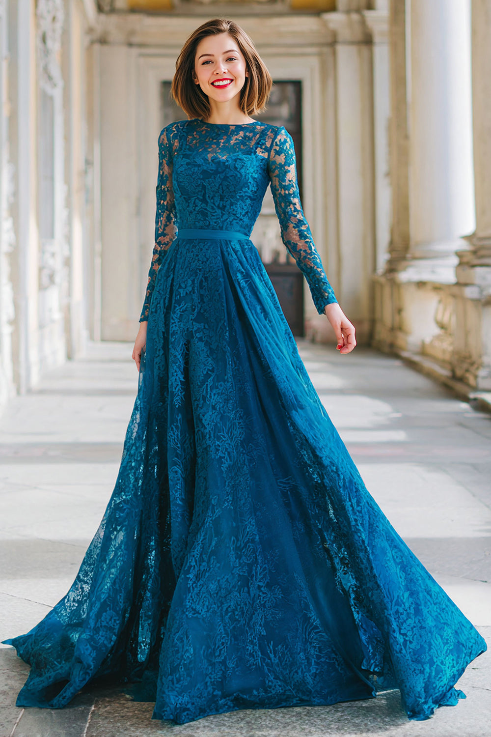 Zapakasa Women Ink Blue Lace A-Line Long Mother of the Bride Dress Round Neck Long Sleeves Wedding Guest Dress Zapakasa Women Ink Blue Lace A-Line Long Mother of the Bride Dress Round Neck Long Sleeves Wedding Guest Dress