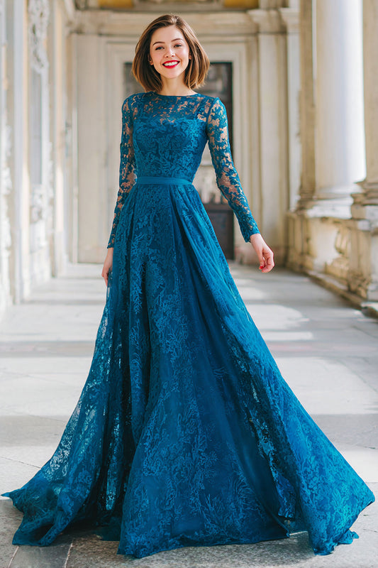 Ink Blue Round Neck Lace A-Line Long Mother of the Bride Dress with Sleeves