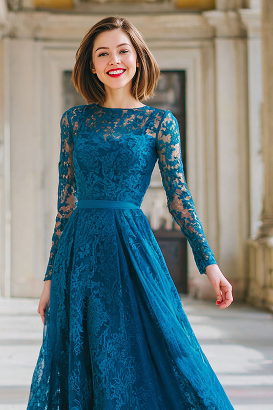Ink Blue Round Neck Lace A-Line Long Mother of the Bride Dress with Sleeves