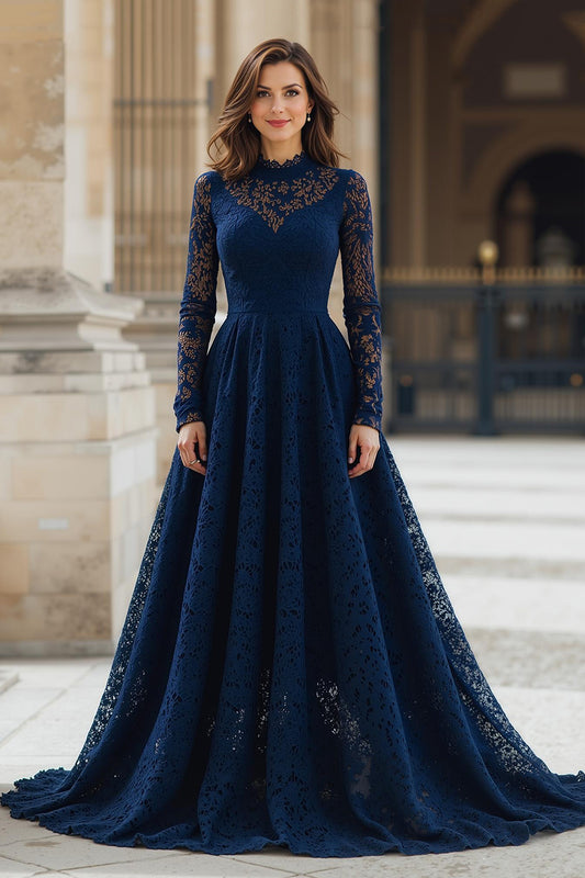 Navy High Neck Lace A-Line Long Mother of the Bride Dress with Sleeves