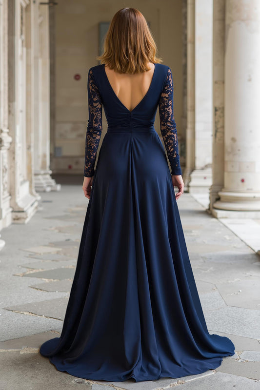 Navy V-Neck Chiffon A-Line Long Mother of the Bride Dress with Lace