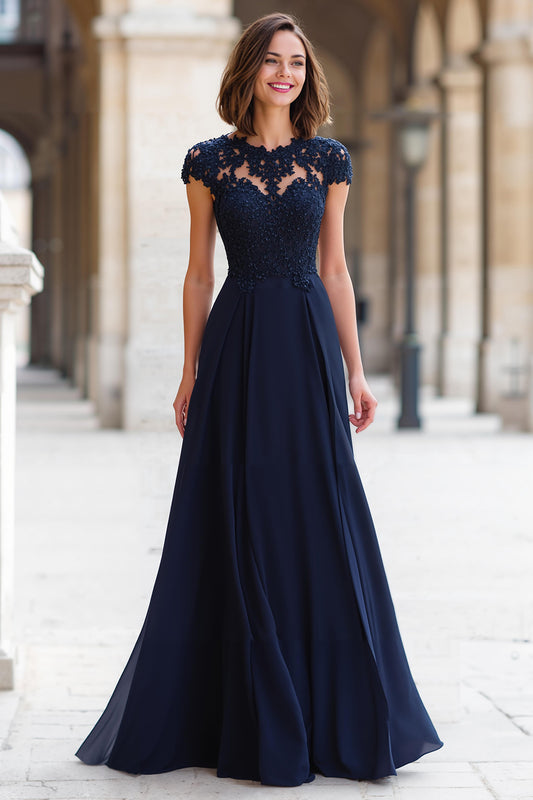 Navy Chiffon Round Neck A-Line Long Mother of the Bride Dress with Appliques