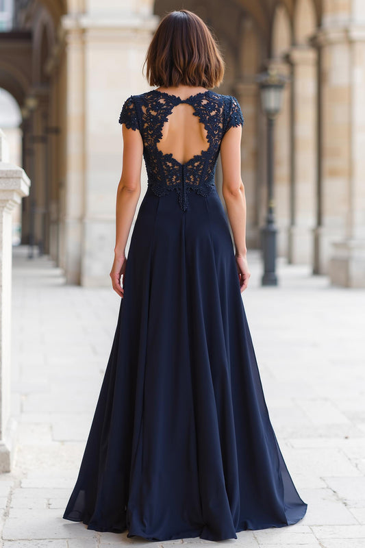 Navy Chiffon Round Neck A-Line Long Mother of the Bride Dress with Appliques