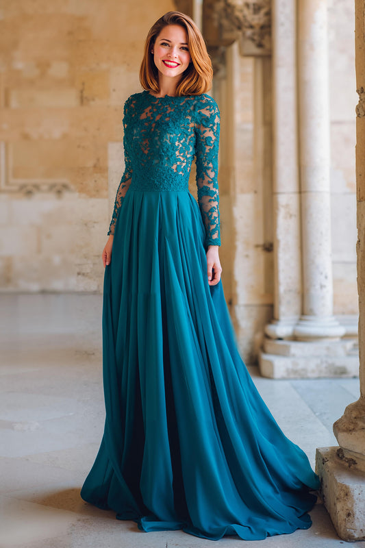 Peacock Blue Round Neck Chiffon A-Line Long Mother of the Bride Dress with Lace