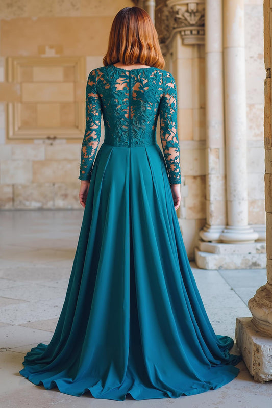 Peacock Blue Round Neck Chiffon A-Line Long Mother of the Bride Dress with Lace