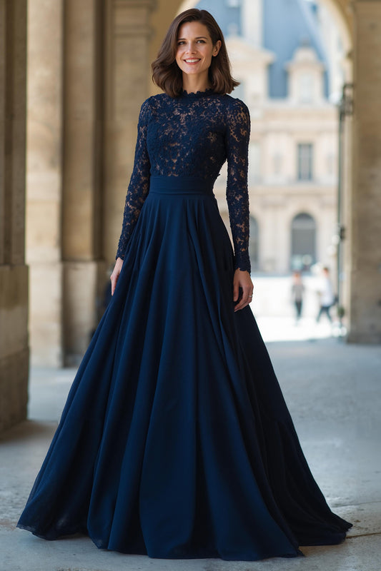 Navy High Neck Long Sleeves Chiffon A-Line Long Mother of the Bride Dress with Lace